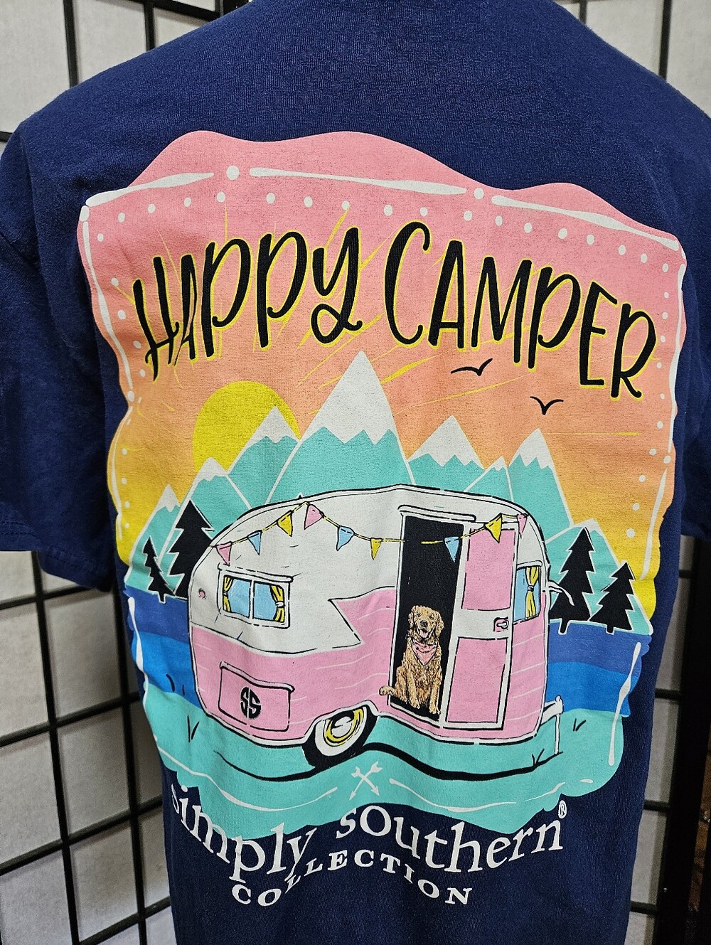 Women's Simply Southern Medium Navy Happy Camper Short Sleeve T-Shirt